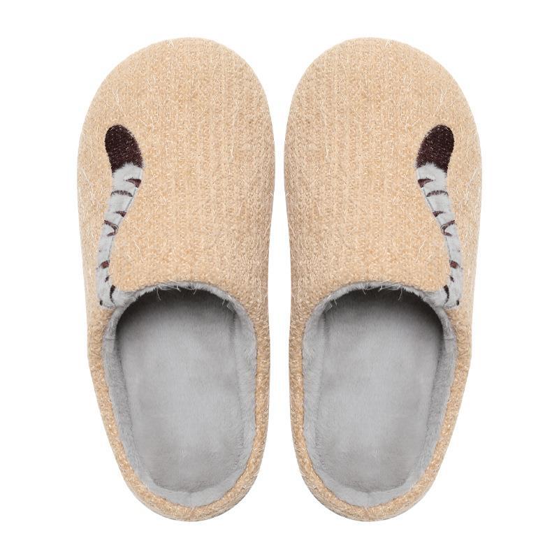 Winter House Slippers Cute Tiger Tail Cartoon Embroidery Ladies Fluffy Slides Warm Plush Bedroom Women Men Slippers