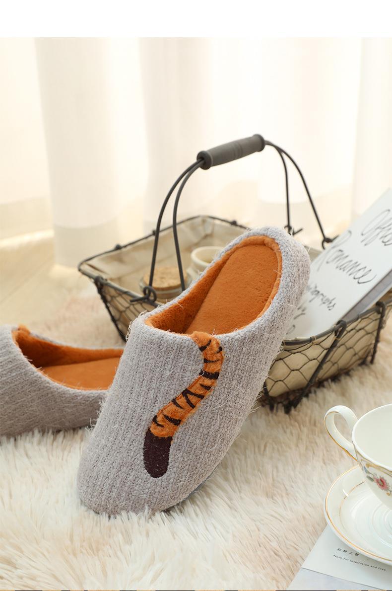 Winter House Slippers Cute Tiger Tail Cartoon Embroidery Ladies Fluffy Slides Warm Plush Bedroom Women Men Slippers