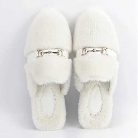 Ladies Fashion Faux Fur Slides Slippers With Buckle
