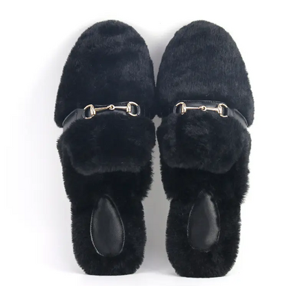 Ladies Fashion Faux Fur Slides Slippers With Buckle
