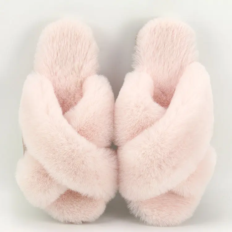 Women's Blush Fluffy Cross Strap Slider Slippers