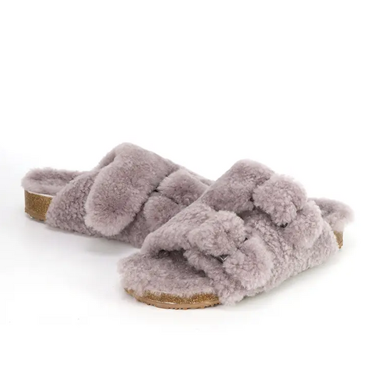 Womens Fluffy Double Strap Slippers Ladies Faux Fur Slip On Sliders