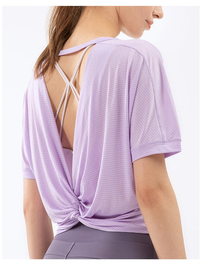Women's Sexy Backless Short Sleeve Top Back Knot Casual Shirt Tee-nbharbor