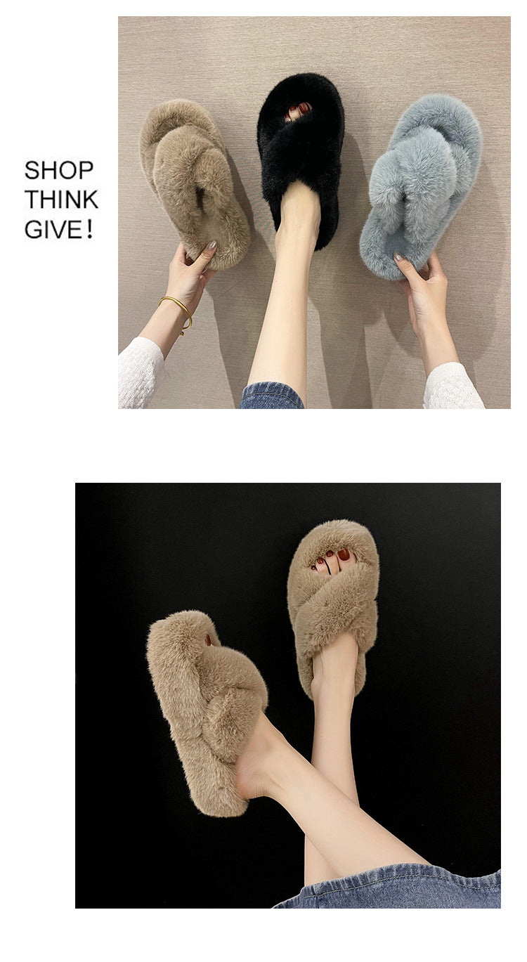 Women's Indoor Faux Fur Crossover Straps Slippers Home Flip Flop from factory,-nbharbor