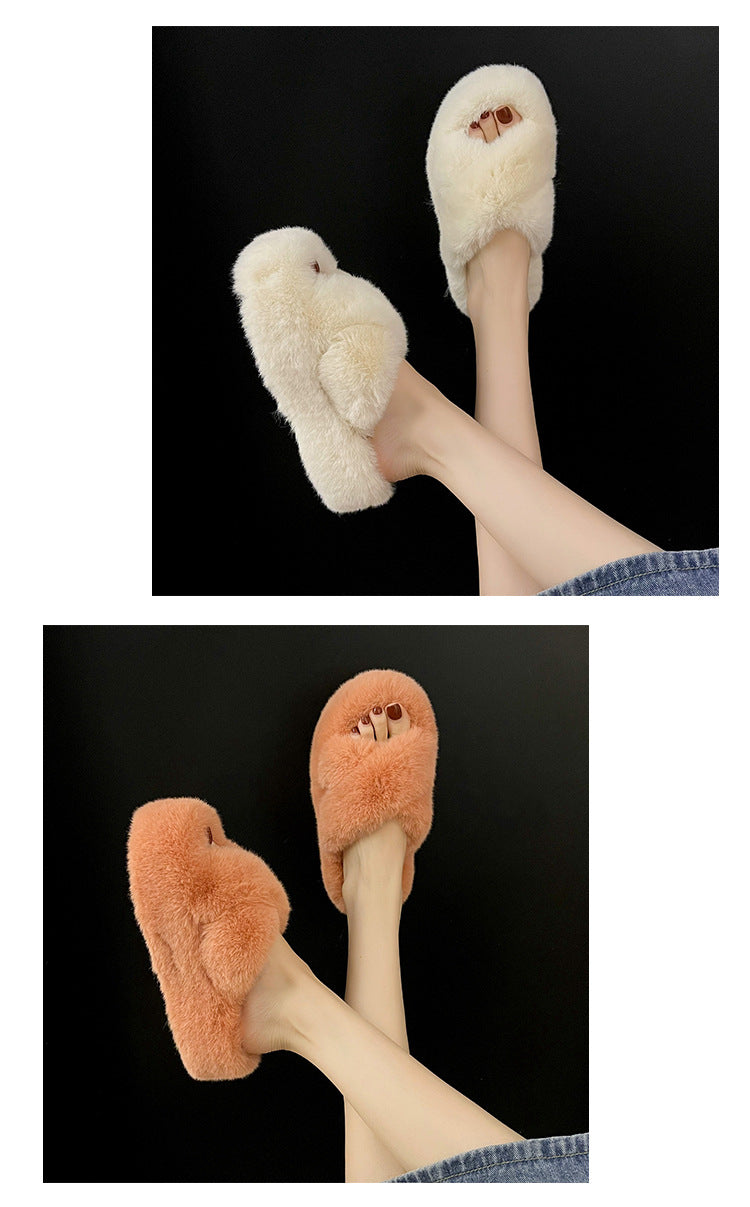 Women's Indoor Faux Fur Crossover Straps Slippers Home Flip Flop from factory,