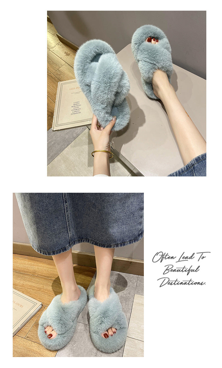 Women's Indoor Faux Fur Crossover Straps Slippers Home Flip Flop from factory,